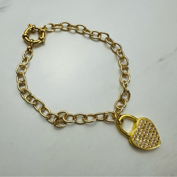 Jewelry - Gold Plated Pavé Heart Charm Bracelet – Handmade – 7.5”